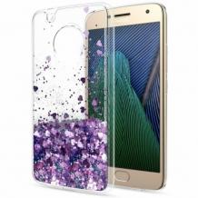 Луксозен гръб 3D Water Case за Motorola Moto G9 Play - прозрачен / течен гръб с лилав брокат / сърца