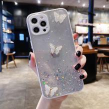 Луксозен твърд кейс със силиконов кант и брокат за Apple iPhone 12 /12 Pro 6.1'' - прозрачен / пеперуди / бял кант