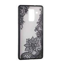 Луксозен твърд гръб за Huawei Y7 - прозрачен / черен кант / цвете / черна дантела