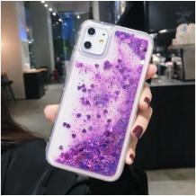 Луксозен гръб 3D Water Case за Samsung A12 - прозрачен / течен гръб с лилав брокат / сърца
