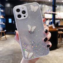 Луксозен твърд кейс със силиконов кант и брокат за Apple iPhone 7 / iPhone 8 / iPhone SE2 2020 - прозрачен / пеперуди / бял кант