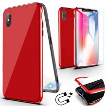 Магнитен калъф Bumper Case 360° FULL със стъклен протектор за Apple iPhone X / iPhone XS - червен