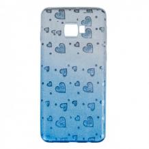Силиконов калъф / гръб / TPU за Samsung J4 Plus 2018 - преливащ / сребристо и синьо / сърца / брокат