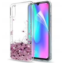 Луксозен твърд гръб 3D Water Case за Huawei P20 - прозрачен / течен гръб със светло розов брокат
