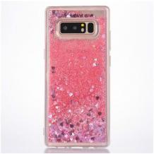 Луксозен твърд гръб 3D Water Case за LG K50 / Q60 - прозрачен / течен гръб с брокат / сърца / розов