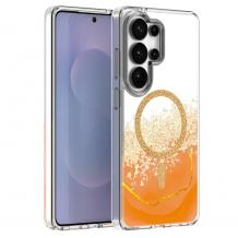 Луксозен твърд гръб 3D Epoxy Mag Case Samsung S26 Ultra - прозрачен гръб с брокат оранжев