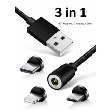 3 В 1 Магнитен кабел KLGO за зареждане с 3 накрайника Lightning, micro USB И Type C - черен