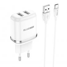 Зарядно устройство комплект BLUE Power BLBA25A 220V с 2 USB изхода 2.4A с кабел 1м Type C