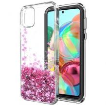 Луксозен твърд гръб 3D Water Case за Samsung Note 10 Lite / A81 - прозрачен / течен гръб с брокат / сърца / розов