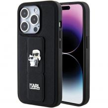 Оригинален калъф / кейс / Karl Lagerfeld Gripstand Saffiano Karl and Choupette Pins за iPhone 15 Pro (6.1) - черен