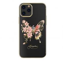 Луксозен твърд гръб KINGXBAR Swarovski Diamond за Apple iPhone 12 Mini 5.4" - прозрачен със златист кант / розова пеперуда