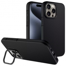 Луксозен гръб / кейс / Carbon Stand Case за Apple iPhone 15 (6.1) - черен / стойка