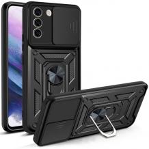 Удароустойчив гръб TPU кейс Slide Camera Case Magnetic Finger Ring Car Holder за Samsung S21 FE - черен