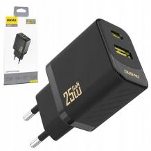 Зарядно устройство 220V Dudao A26T USB-A + USB-C GaN 25W - черно