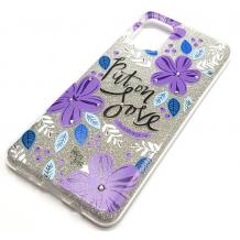 Силиконов калъф / гръб / TPU за Samsung A41 - сребрист брокат / лилави цветя / Put on Love