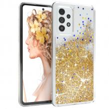 Луксозен твърд гръб 3D Water Case за Samsung S21 Ultra - прозрачен / течен гръб с брокат / златист