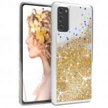 Луксозен твърд гръб 3D Water Case за Samsung A21s - прозрачен / течен гръб с брокат / сърца / златист