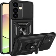 Удароустойчив гръб TPU кейс Slide Camera Case Magnetic Finger Ring Car Holder за Samsung S25 - черен