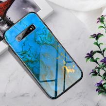 Луксозен стъклен твърд гръб за Samsung S10 Plus - син / златисти орнаменти