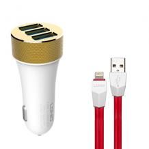 Оригинален USB кабел LDNIO C50 Car Charger 12V / 3 USB порта и Micro USB кабел 5.1A за Apple iPhone 5 / iPhone 5S / iPhone SE / iPhone 6 / iPhone 6 Plus - бяло / червено
