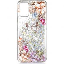 Луксозен твърд гръб / кейс / 3D Water Case за Samsung A72 5G - прозрачен / сребрист брокат / цветя и пеперуди
