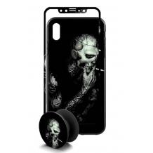 Луксозен твърд гръб 3in1 със стъклен протектор и Popsocket за Samsung J6 Plus 2018 - Biomachanical Tattoo Man