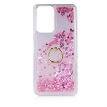 Луксозен твърд кейс 3D Water Case със стойка Ring за Xiaomi Poco F3 - прозрачен / течен гръб с брокат / сърца / розов