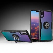 Луксозен гръб Hybrid с магнитна стойка и силиконов кант за Huawei Y5 2019 - прозрачен / черен кант